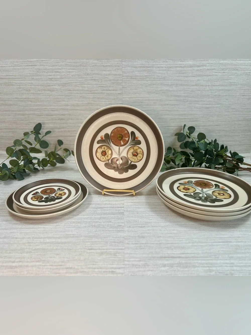 Vintage Langley England Stoneware Plates Set of 8 Retro Floral Brown Orange